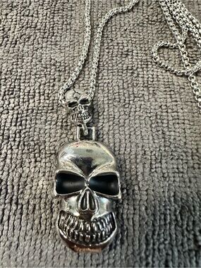 Men's Silver Skull Pendant Necklace with Black Eye Accents